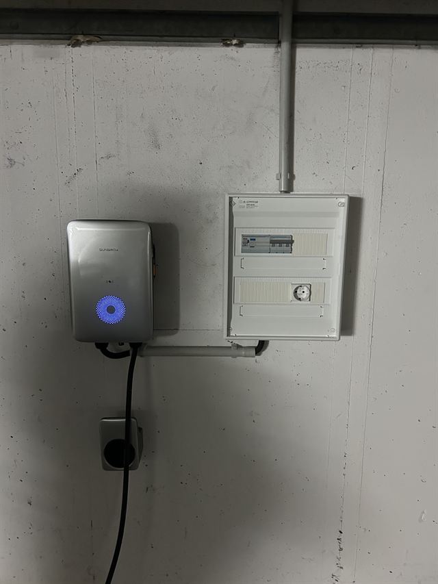 Installierte Wallbox mit Unterverteilung in einer Tiefgarage